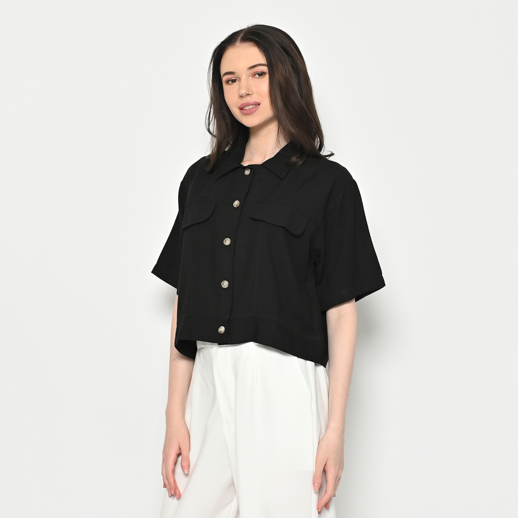 QUEENTIN Kemeja Crop Casual Wanita 0407 Katun Rayon Polos Premium Lengan Pendek