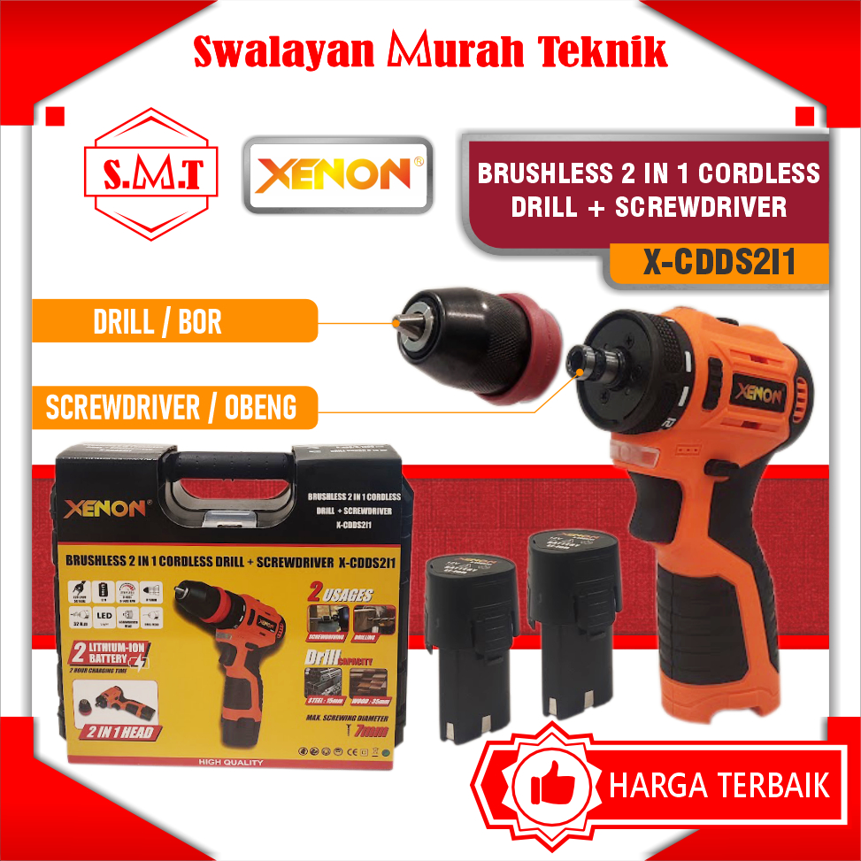 Bor + Obeng Baterai 2 Fungsi Brushless XENON CDDS2I1 2 in 1  Cordless Drill + Screwdriver
