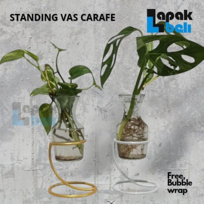 STANDING VAS CARAFE / VAS DAN STANDING BESI | VAS ESTETIK| VAS BUNGA KACA BULAT | VAS KACA BENING