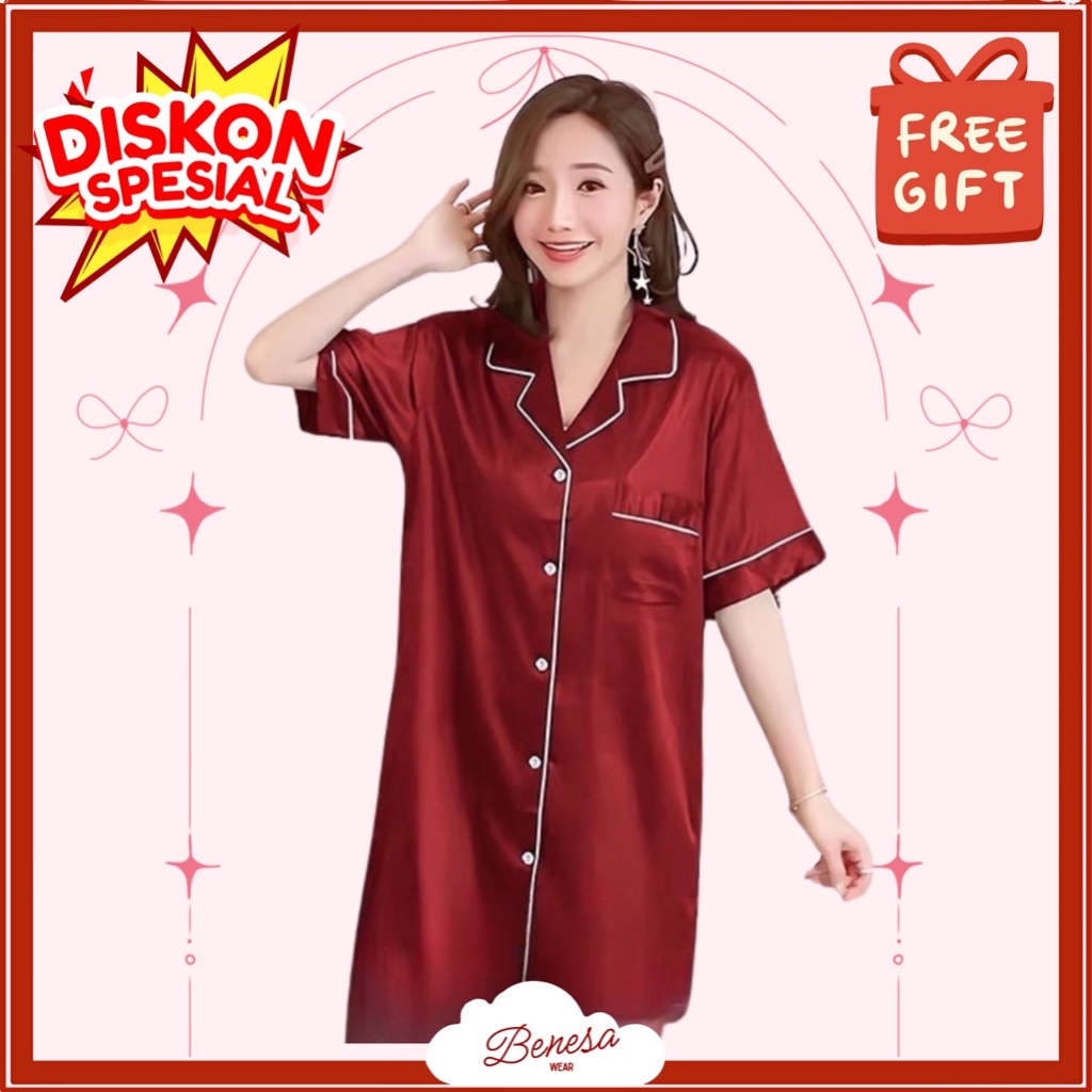 Benesa Wear - Piyama Daster Basic Satin - Baju Tidur Premium Wanita Set Setelan Pakaian Lucu Motif D