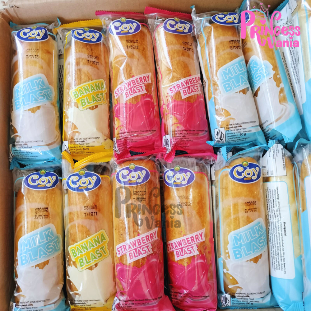 

COY BLAST SATUAN BANANA MILKY COKELAT STRAWBERRY ROTI ISI SELAI 50GR