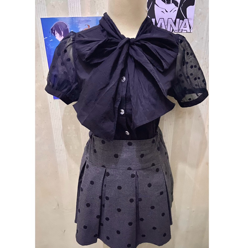 (SET) Ank rouge cute black bow tie polka sleeves blouse jirai kei not ryousangata noemie liz lisa de