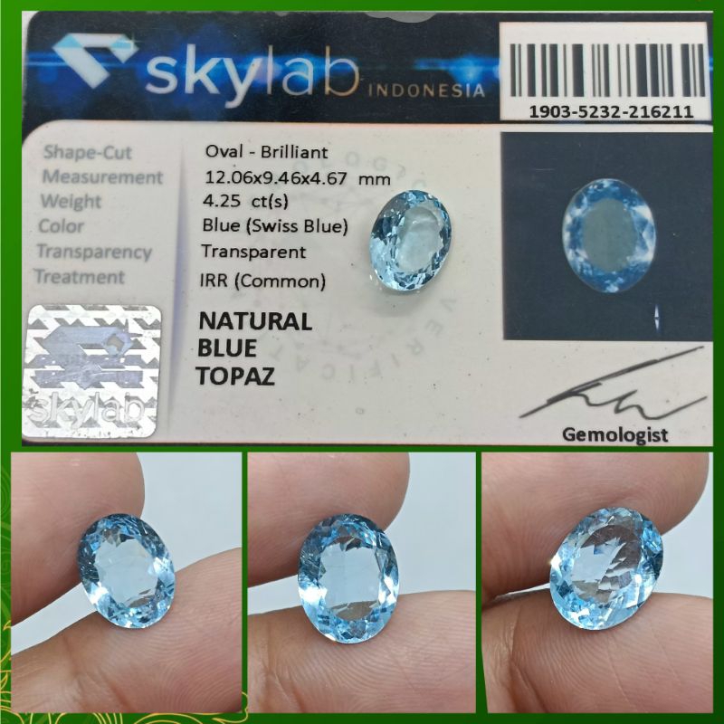 Natural Topaz Swiss Blue Topas 4,2ct plus memo SKYLAB