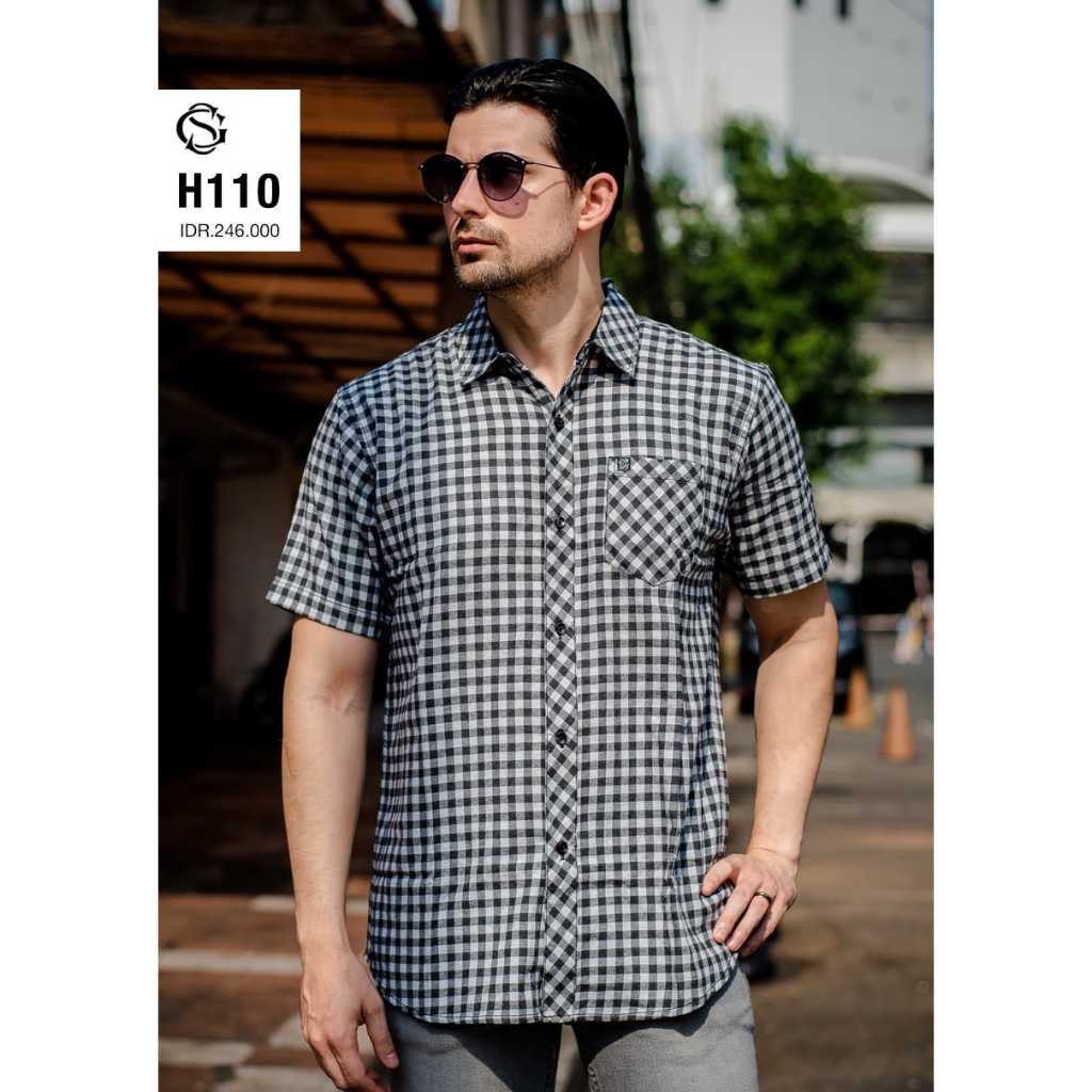 Grey Side- Kemeja Flanel Lengan Pendek Pria-H110 Black Grey-Shirt