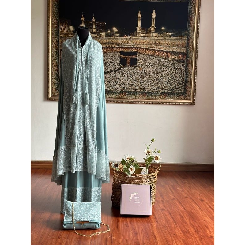 Mukena Zara Premium (tas rantai) hijau wardah bunga kecil