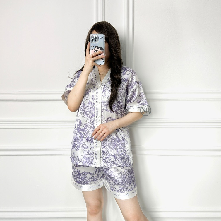 NOIRI - #2 Marble Series Piyama Wanita Set Satin / Celana Pendek Lengan Pendek Bahan Satin Premium B