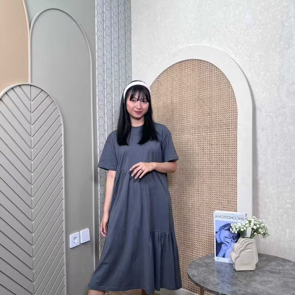 SESIL MIDI DRESS LENGAN PENDEK / MIDI DRESS REMPEL RAYON JUMBO / MIDI DRESS BUMIL WANITA KEKINIAN