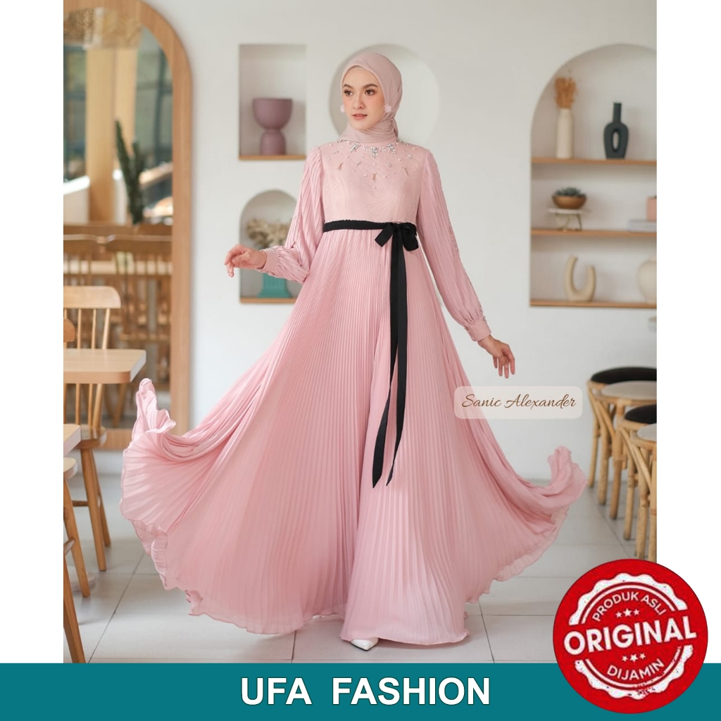 SANIC ALEXANDER BRIZA Dress, kain Lace Brukat mix Pleats Siffon Premium, Gamis pesta kain jatuh