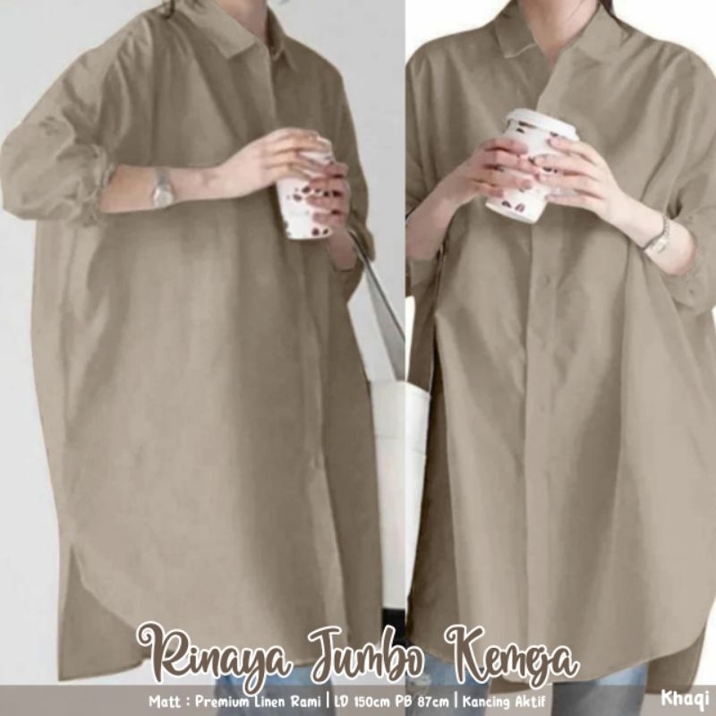 RINAYA KEMEJA BLOUSE ATASAN JUMBO WANITA BAHAN LINEN RAMI HQ KANCING AKTIF BUSUI