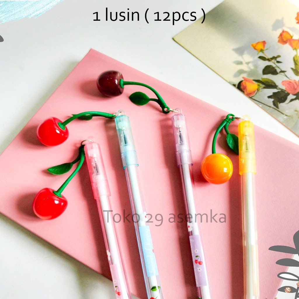 

12PCS SELUSIN PULPEN GANTUNGAN KARET BUAH CHERY PEN CHERRY ALAT TULIS SEKOLAH UNIK IMUT MURAH