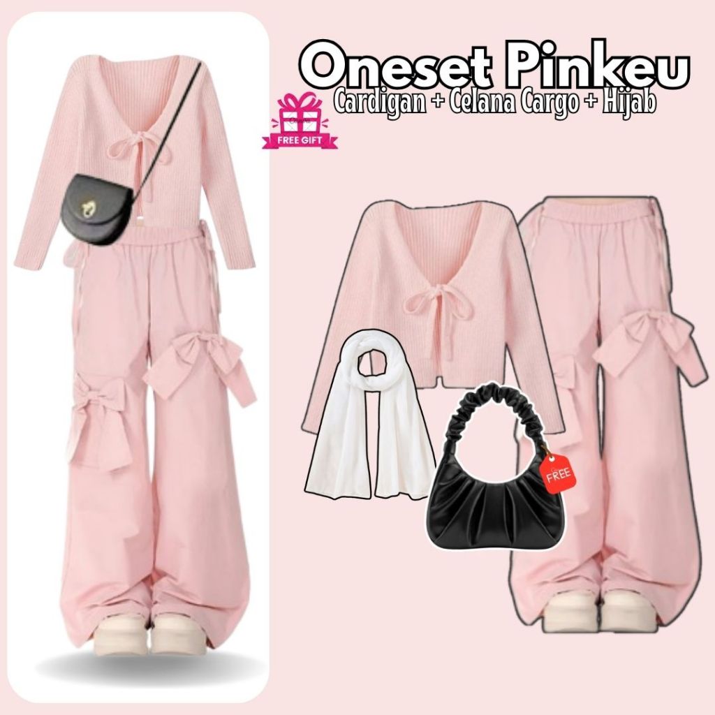 Outfit Set Wanita Setelan Nongkrong (Cardigan+ Hijab+ Celana Cargo) One Set OOTD Hijab Remaja Kekini