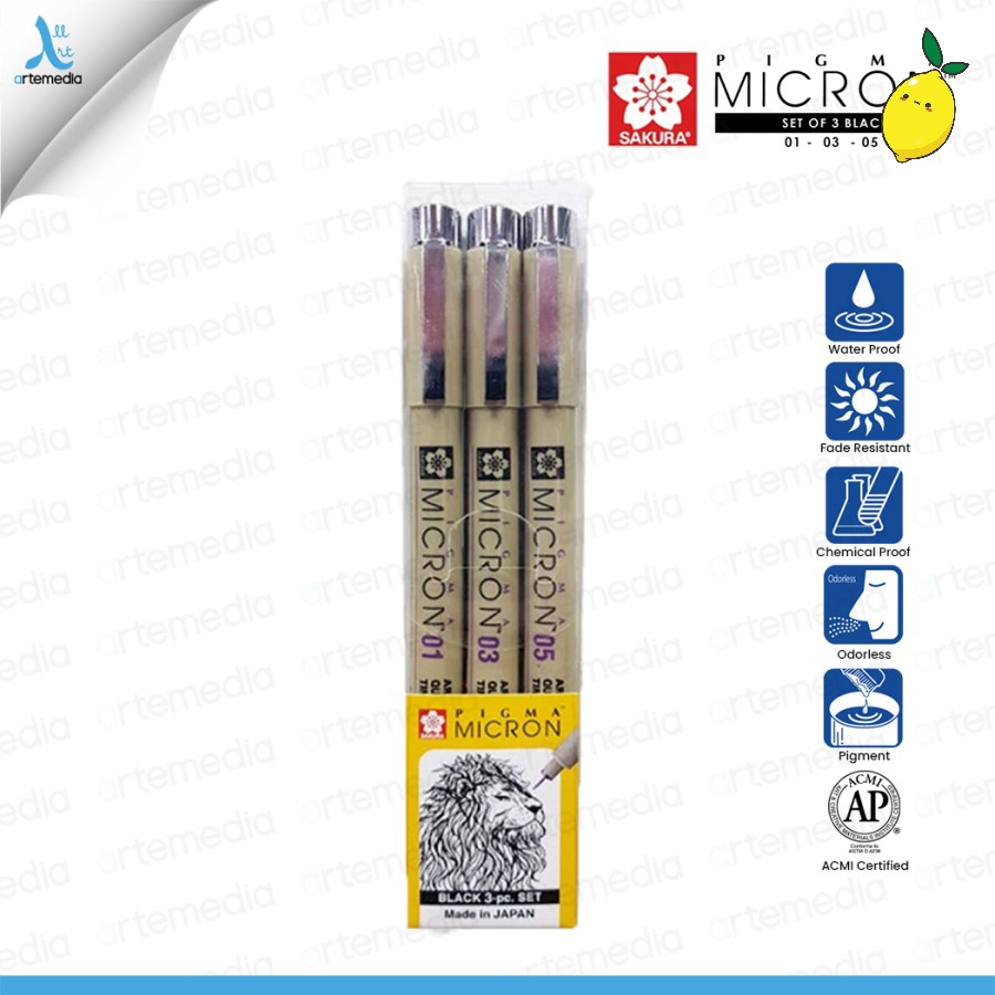 

Sakura Pigma Micron Black Set 3 Pigment Ink Drawing Pen Pulpen Gambar