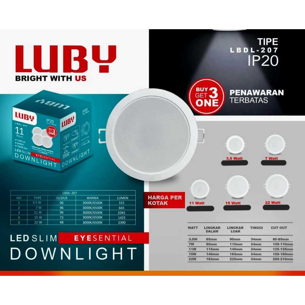 PAKET ISI 4 LUBY PAKET LBDL-207 LAMPU DOWNLIGHT PAKET LED PANEL LUBY BULAT INBOW DIBOBOK 3.5W 7W 11W