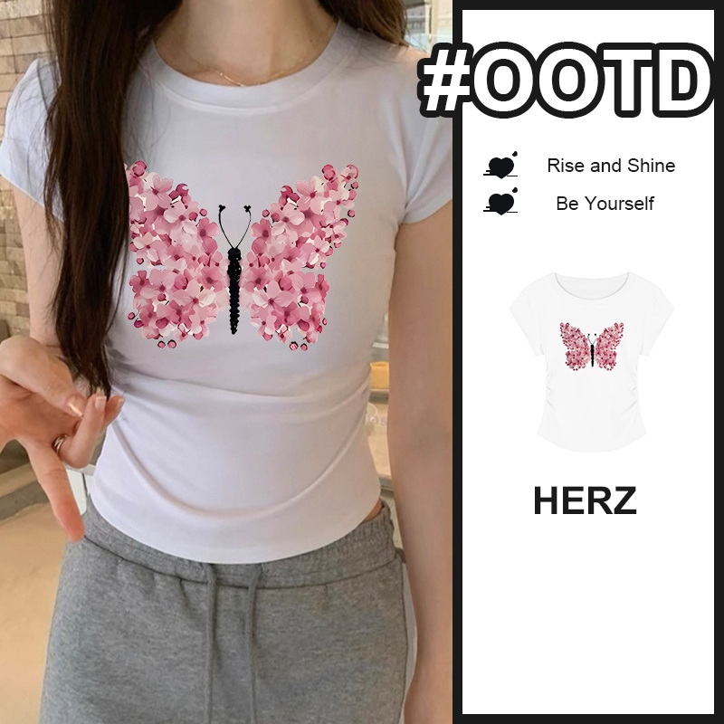 putih Kaos Wanita langsing yang ketat Kupu-kupu merah muda leher bulat/Lengan pendek kurus kasual/Ka