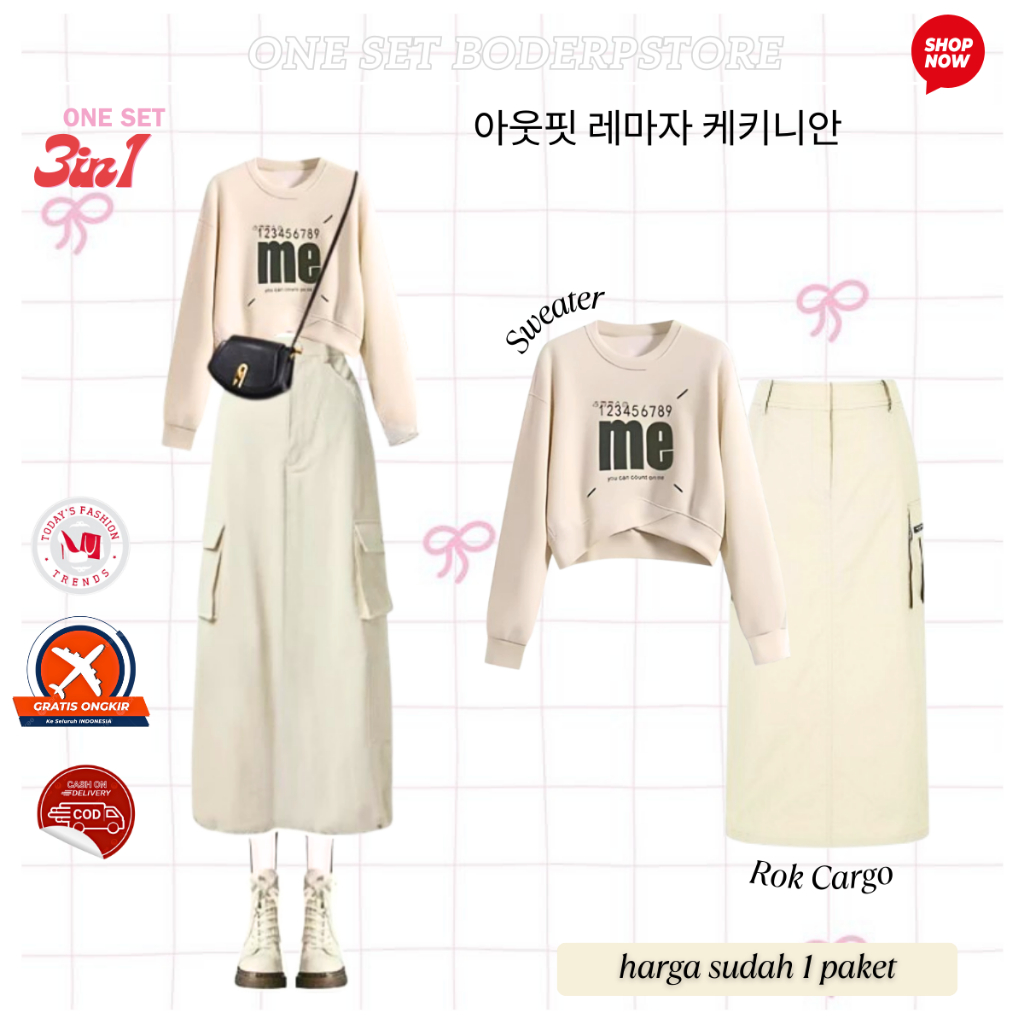 Outfit Korean Style 3in1 Set Rok Hijab OOTD (Sweater Crop Rok Cargo Pashmina)
