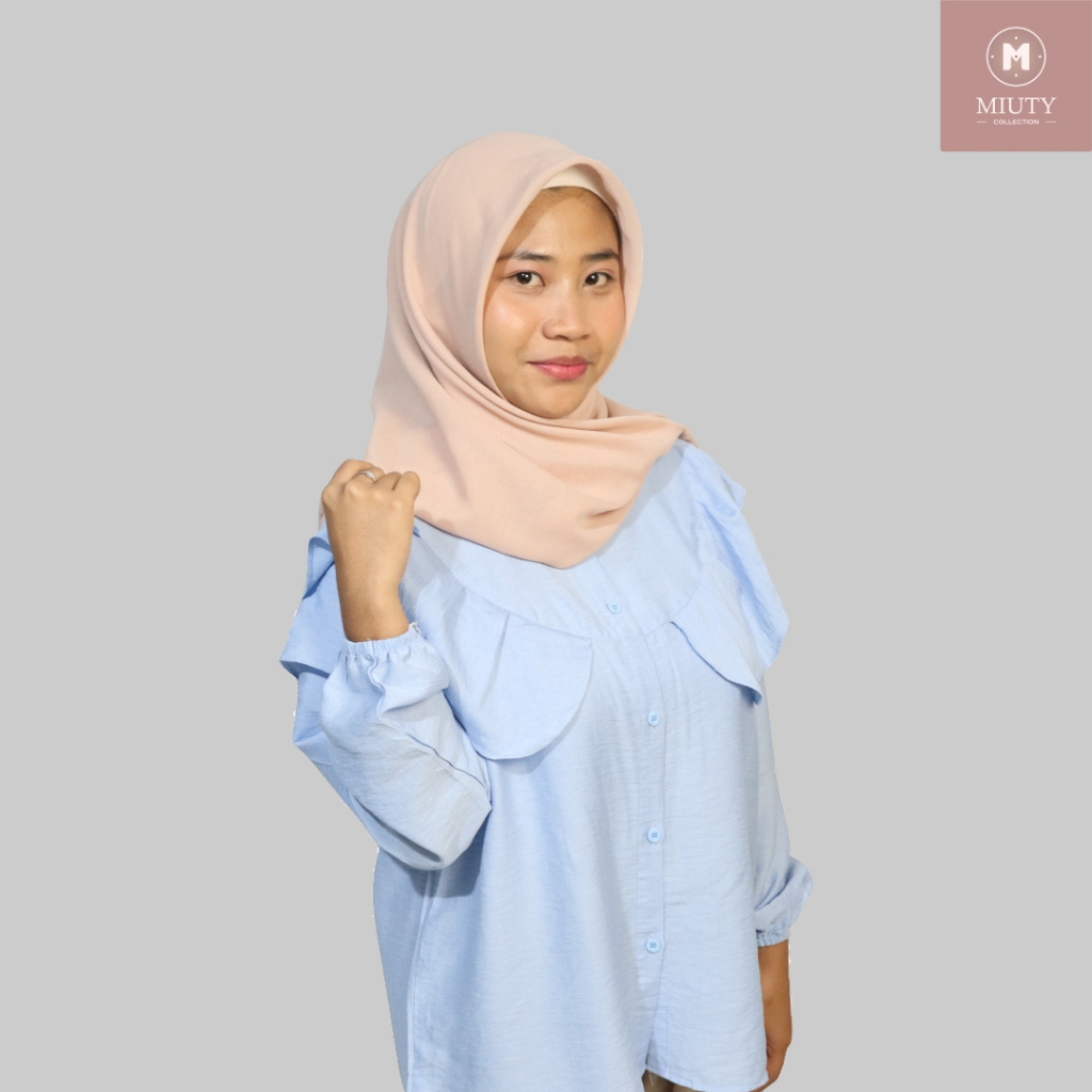 Baju Blouse Atasan Kasual Wanita Ruffle Lengan Panjang Terbaru Bahan Polo Linen Premium Warna Ice Bl