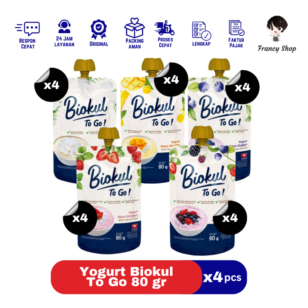 

Paket Murah Yogurt Biokul To Go Plain / Mango / Blueberry / Strawberry / Mix Berry 80 gr x4 Pcs