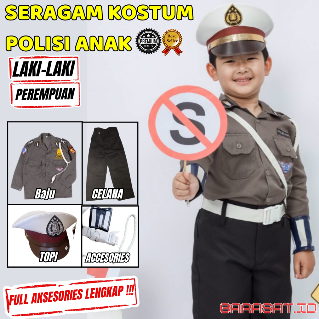 Baju seragam polisi anak Pakaian Fashion Show Karnaval Agustusan Lengkap Aksesories Laki Perempuan