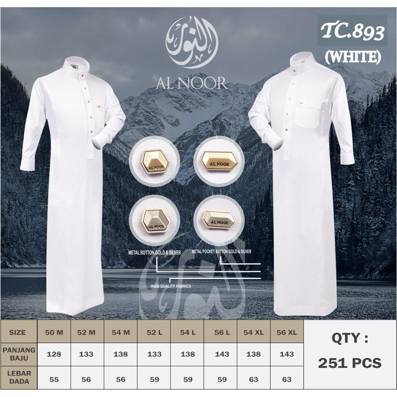 Gamis Arab Al Noor Original/Gamis Pria Dewasa/Gamis Branded Poliester Kancing Manset Premium
