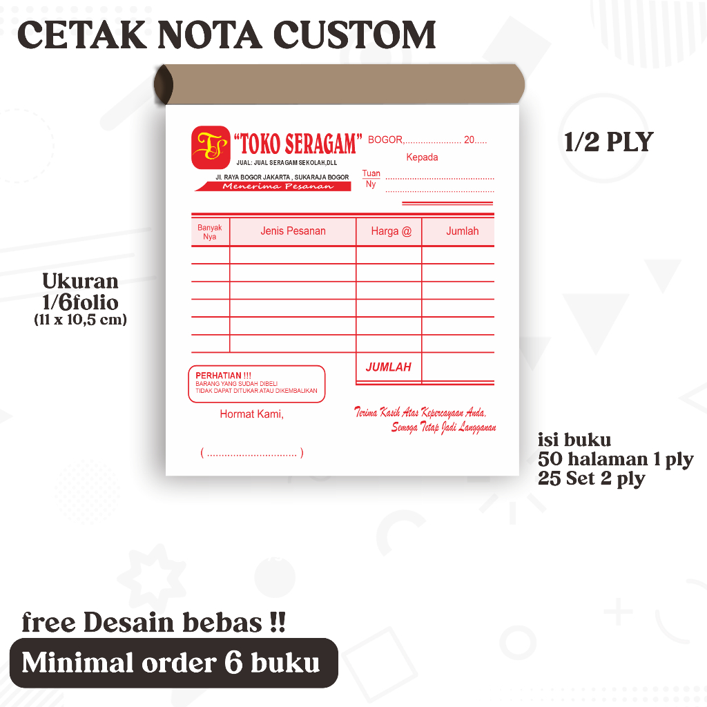 

cetak nota custom 1 ply 2 ply nama usaha toko sendiri ukuran standar 1/6 F4