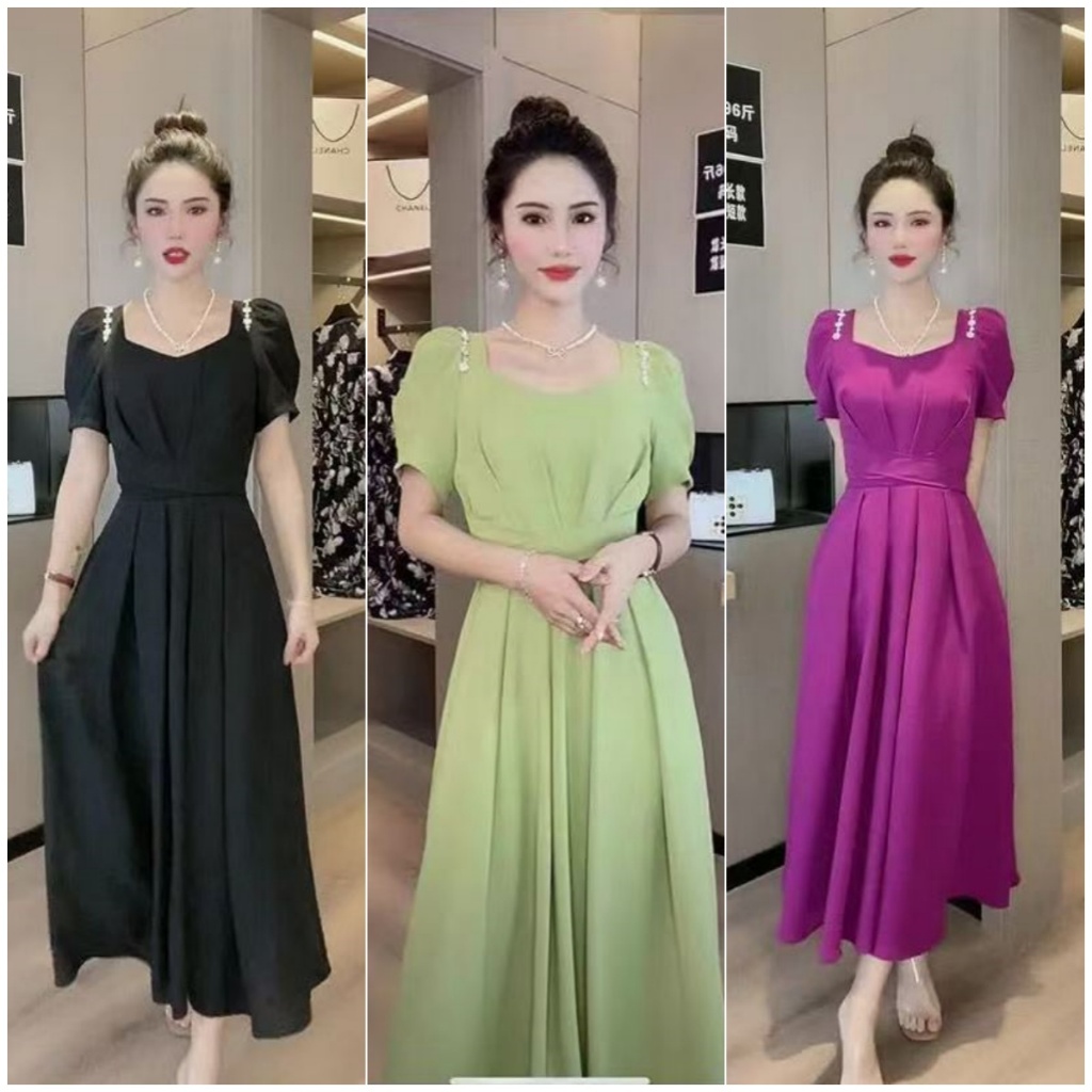 【Ready】FAN Dress Hijau Sage Korea/Dress kasual  Korea  Simpel/Dress Hitam