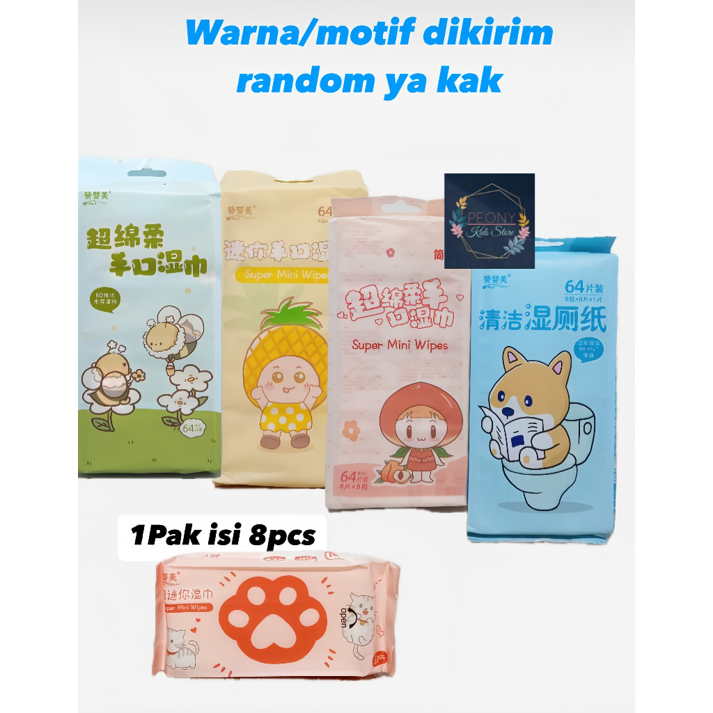 Tissue basah super mini random /tissu basah portable traveling kecil 1pak 8pcs/tisu basah anak