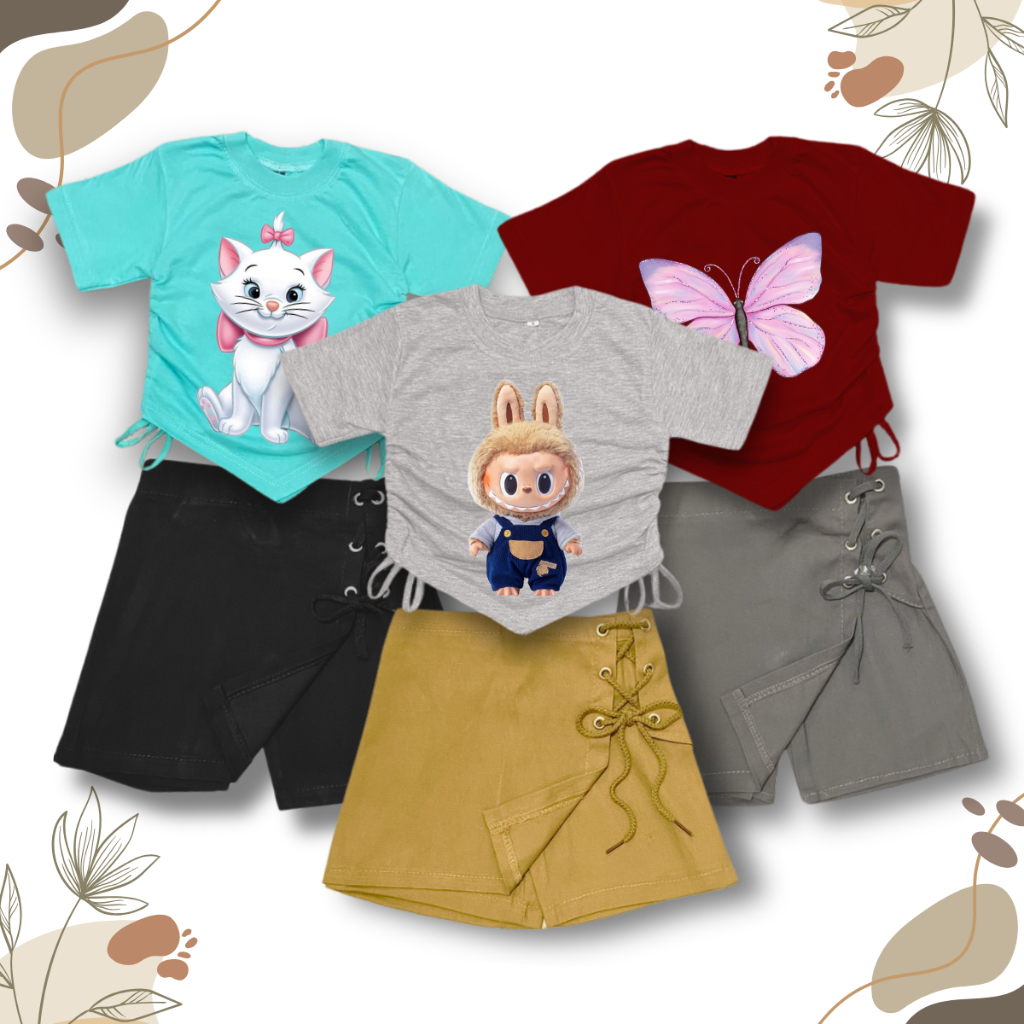 SETELAN ANAK PEREMPUAN / ROK CELANA (ROKCEL) KATUN PENDEK / KAOS ATASAN SERUT CROPTOP USIA 6 BULAN -