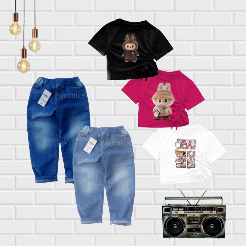 SETELAN JEANS CAKAR & KAOS CROP TALI MOTIF