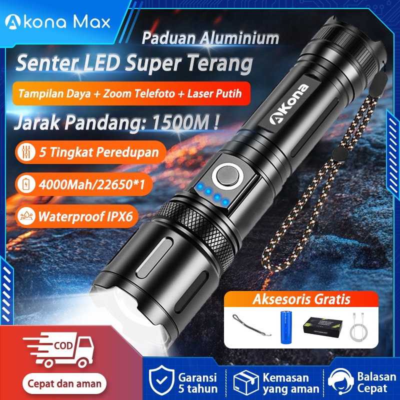berkahabadih1 - Akona Senter Led Super Terang 90000 Lumens USB-C Anti Air Lampu Senter Cas Swat