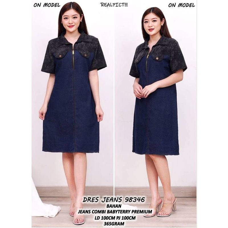 Dres Jeans 98346 A3O - Bahan Jeans Combi Babyterry Premium - Dewasa, Atasan, Midi, Katun, Pesta, Pen