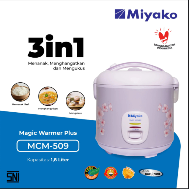 Miyako MCM509 Rice Cooker / Magic Com 1.8 Liter 3 in 1 Bonus Gelas Ukur dan Sendok Nasi