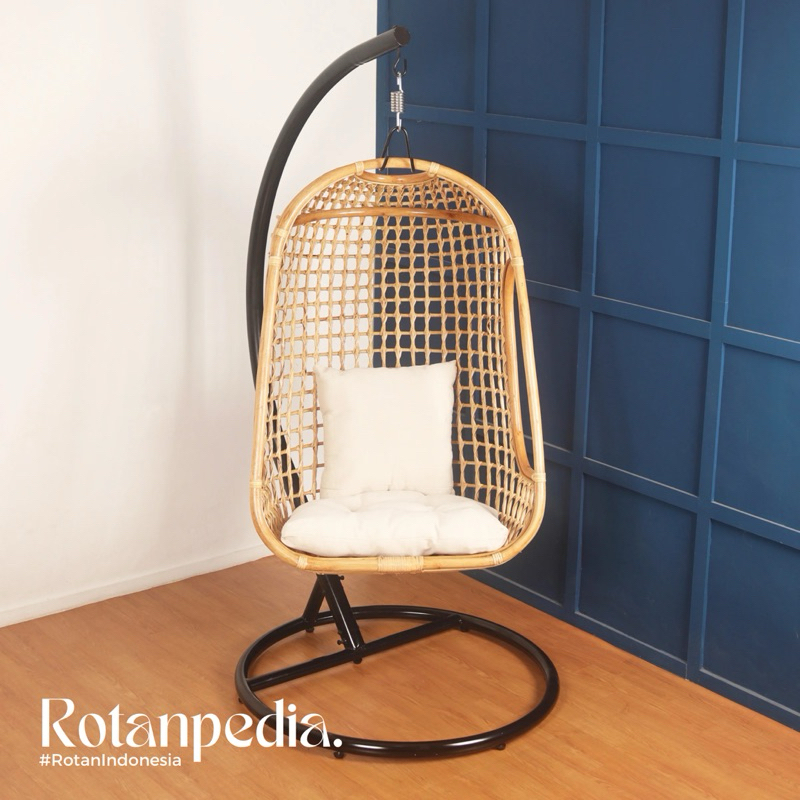 Kursi Ayunan Gantung Rotan Asli Tiang Besi Dan Bantal Empuk | Hanging Chair Estetik Untuk Indoor & O