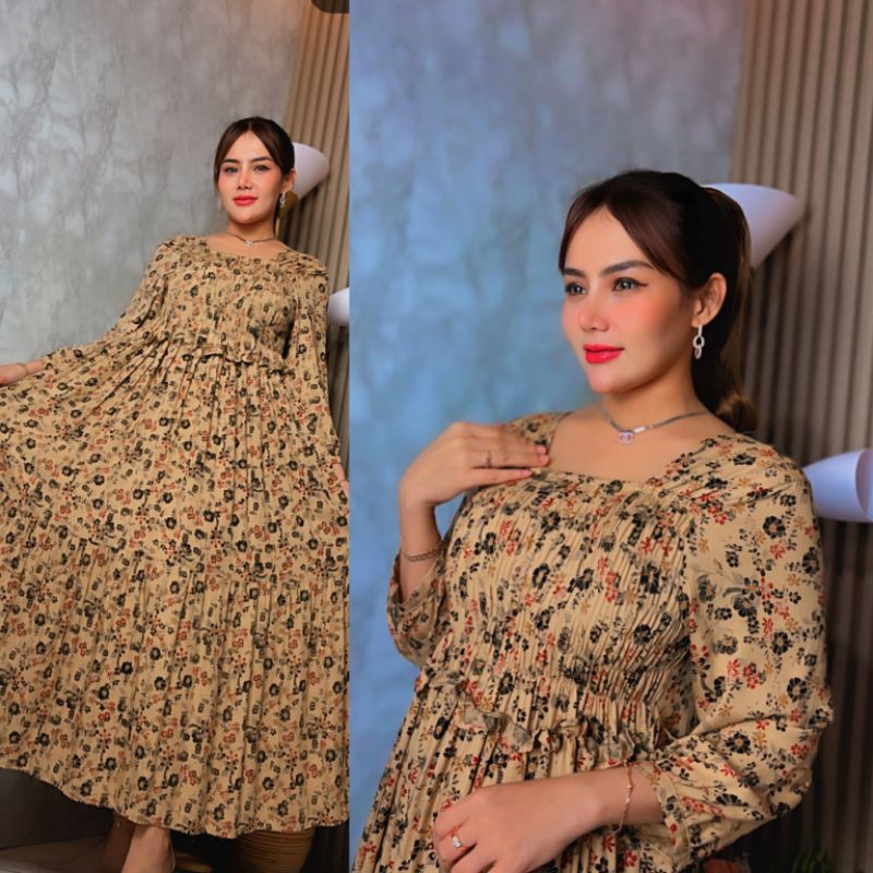 Daster Longdress Wanita Dewasa Motif Bunga Lengan Panjang Model Rok Susun Rimple