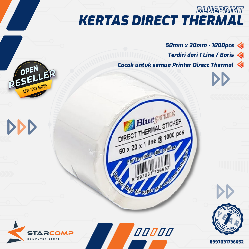 

Blueprint Kertas Direct Thermal Sticker / Label Stiker Blueprint 50x20x1 Line isi 1000pcs