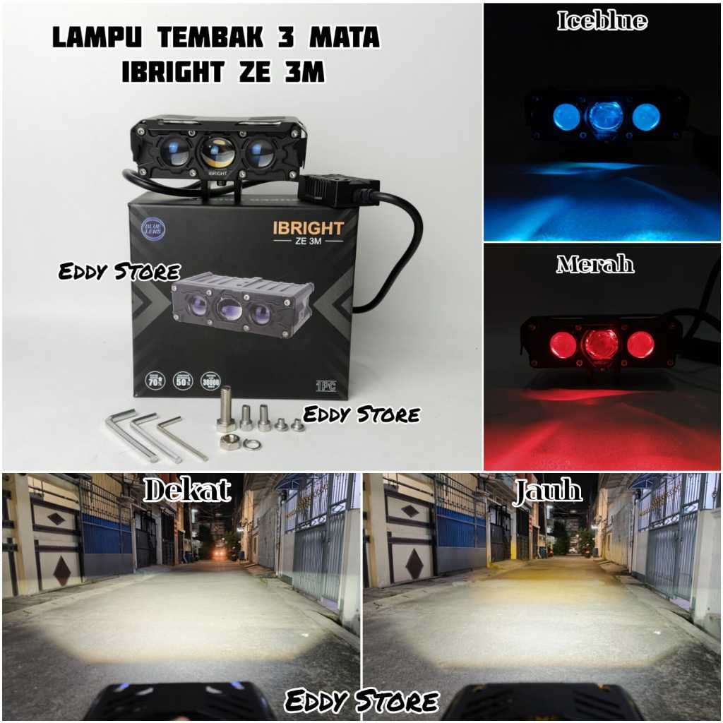 Lampu Tembak Biled 3 Mata Blue Lens - IBRIGHT ZE 3M
