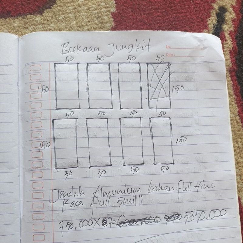 pesanan jendela almunium 150x50, bukaan jungkit 4inc kaca full 5 milli 7 unit