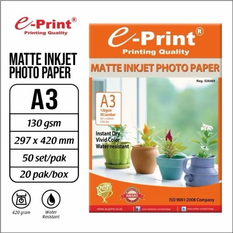 INKJET MATTE PHOTO PAPER MERK EPRINT / KERTAS FOTO INJEK MATTE A3 130 GSM ISI 50 LEMBAR