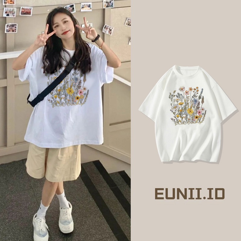EUNII Kaos Wanita Trendi Lengan Pendek Motif Bunga Warna-warni / Kaos Putih Korea Ukuran Besar / Ata