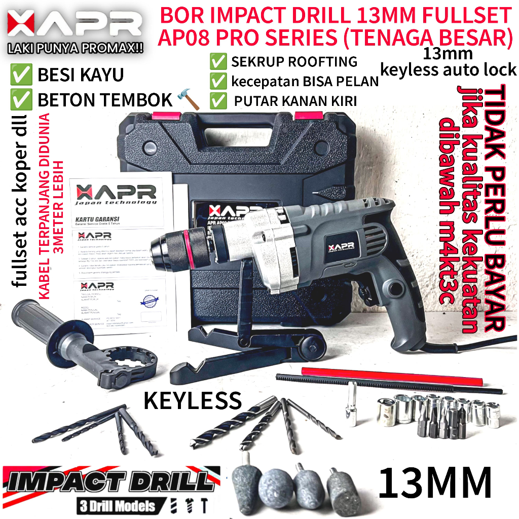 BOR IMPACT DRILL AP08PRO APR BOR IMPACT DRILL 13MM DRILLING BETON BESI KAYU SEKRUP DLL
