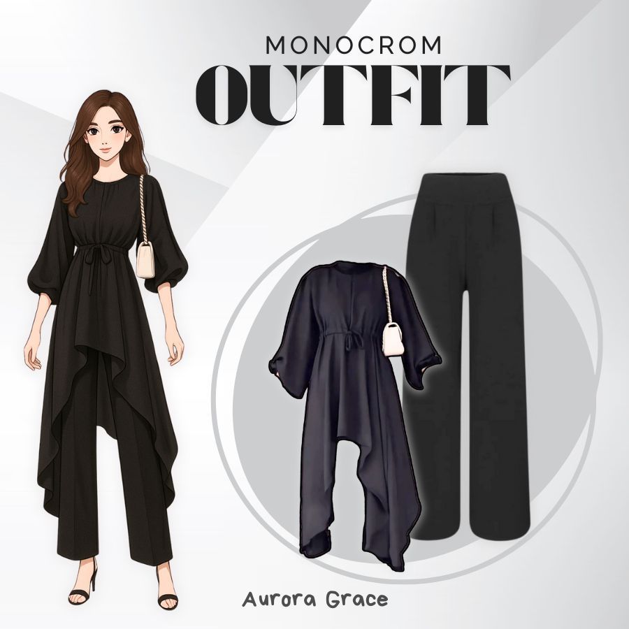 Aurora Grace| One Set Remaja Kekinian (Celana Scuba Kulot, Mecca Tunik)- Outfit Monocrom
