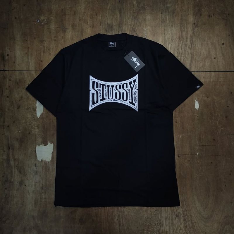 KAOS BAJU STUSSY CHAMPION PIGMENT DYED BLACK PREMIUM FULLTAG