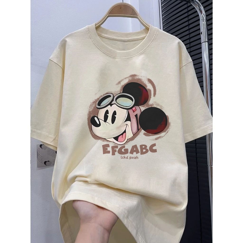 Misco Baju Kaos Oversize Wanita Disney Mickey Mouse Print Mode Atasan Kaos Lengan Pendek Tebal Putih