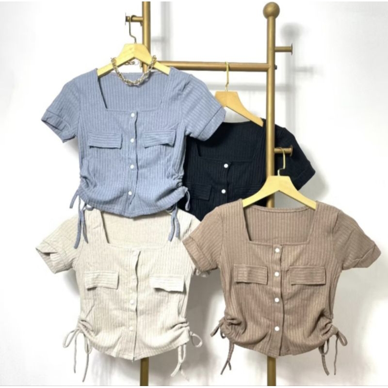 Atasan Crop | Blouse Knit Serut Samping | Crop Top full kancing depan