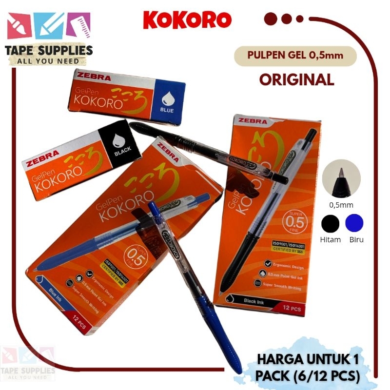 

Pulpen Gel KOKORO ZEBRA 0.5mm Hitam/Biru (1 Pak/12 Pcs)