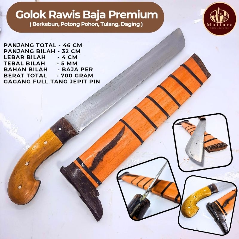 Golok Rawis Baja Premium Sarung Kayu Ukir | Pisau Golok Kebun | Golok Potong Tulang Daging | Golok P