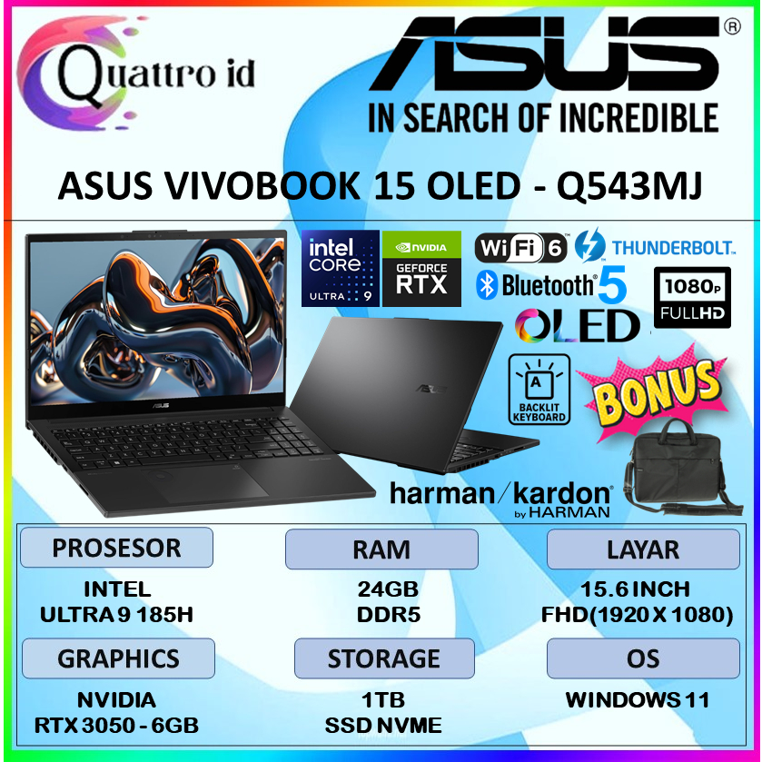 Laptop Gaming Asus Vivobook 15 OLED Intel Ultra 9 185H 24GB Ssd 1TB RTX 3050 6GB 15.6 Full HD IPS Wi