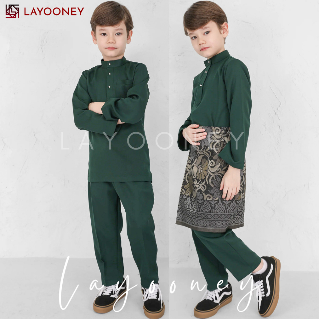 Setelan Baju Kurung Melayu Anak Laki Laki Katun Toyobo Hijau Botol Pakaian Teluk Belanga Muslim Koko