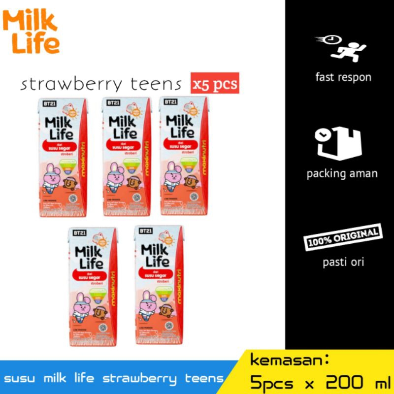 

paket hemat susu milk life varian strawberry teens (5pcs x 200ml)