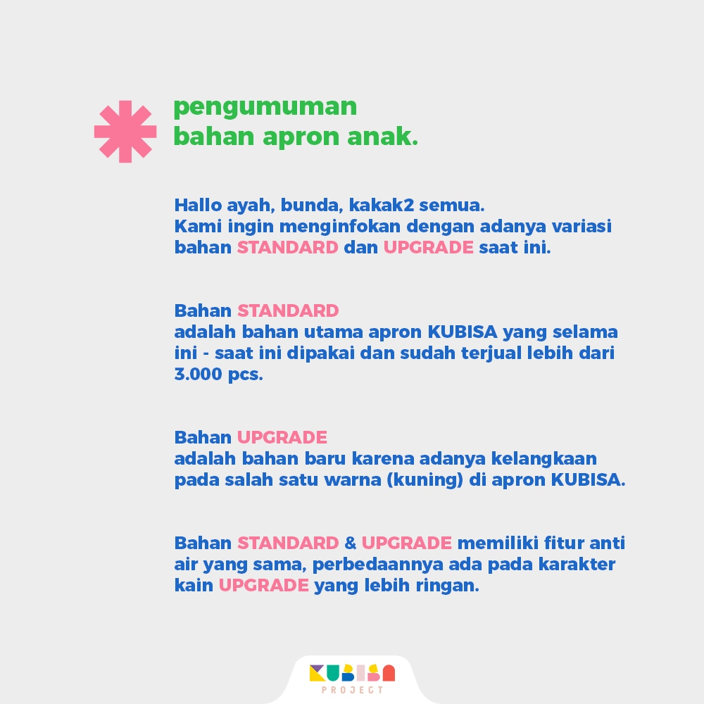 RB02 Apron / Celemek Anak Anti Air (Biru) KUBISA Project