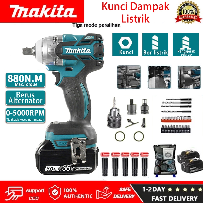 【880N.M】MAKlTA Brushless 86V Bor Cordless Mesin Bor Listrik Impact 2 Baterai Wrench Obeng Set Bor Ca